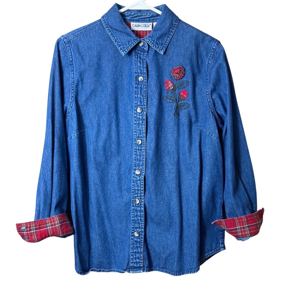 Cabin Creek Denim Embroidered Rose Shirt Petite Medium PM Plaid Cottagecore Blue